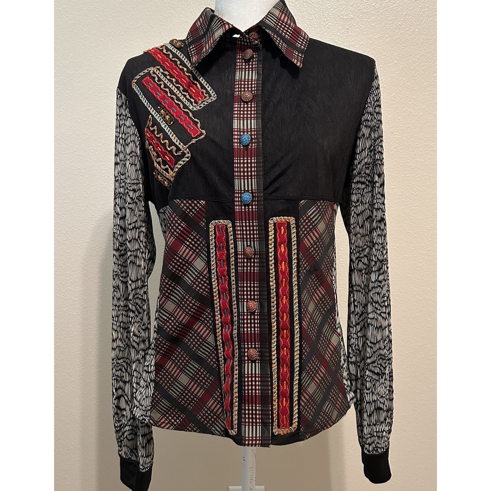 Save the Queen Womens Button Up Top XL Long Sleeve Patchwork Mixed-Media Vintage